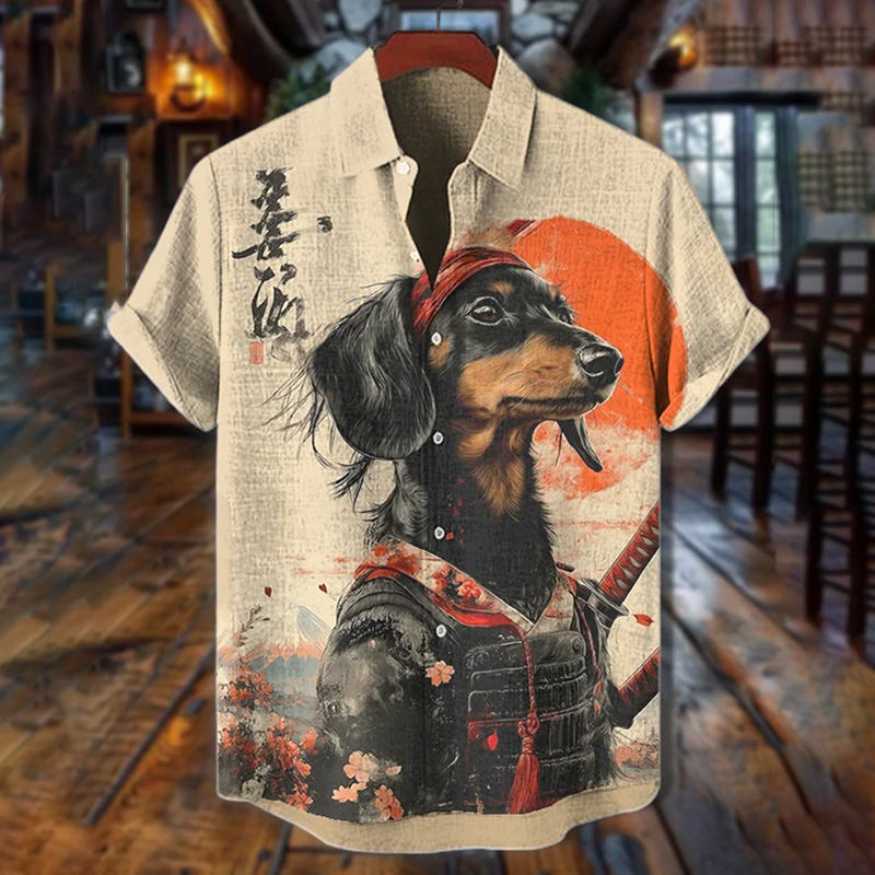 Men's Dachshund Warrior International Dog Day Art Print Casual Shirt - Beige