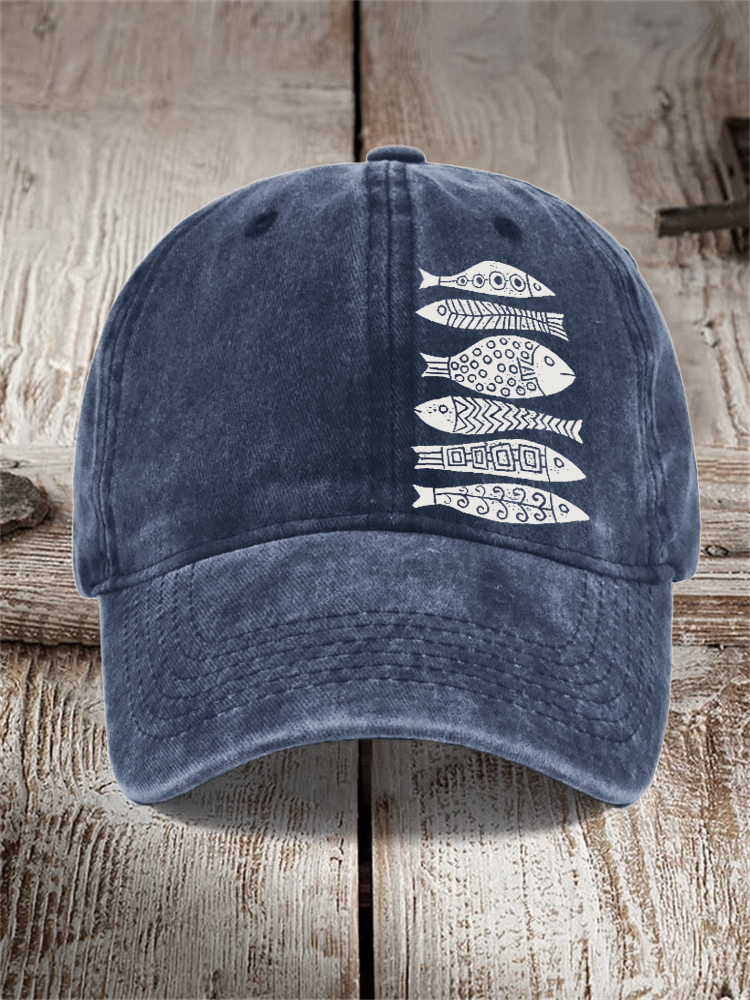 Fish Japanese Lino Art Washed Cap - Blue