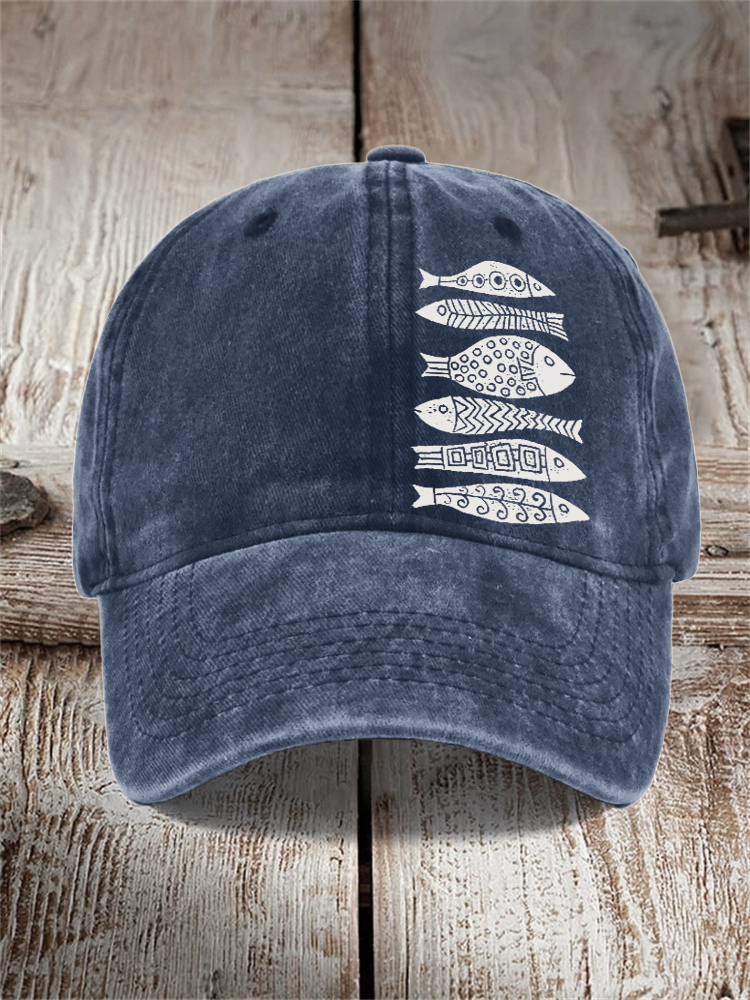Fish Japanese Lino Art Washed Cap - Blue