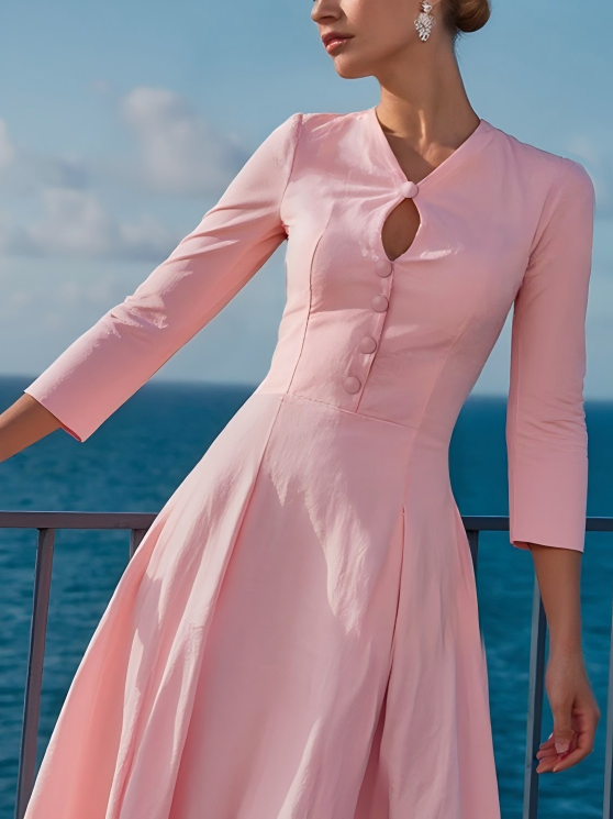Midi Cotton Dress , Half Sleeve, V Neck, Plain, Button Design, French Vintage, Pink - Pink