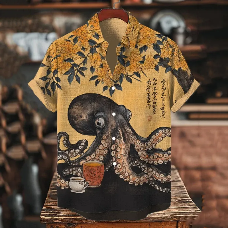 Men's Octopus Drinking Tea Under The Osmanthus Tree Art Print Short Sleeve Shirt - Yellow