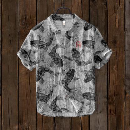 Vintage Fish Japanese Art Linen Blend Comfy Shirt - Red
