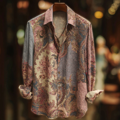 Bohemian Style Plant And Flower Pattern Men's Retro Cotton And Linen  Shirt - Pink