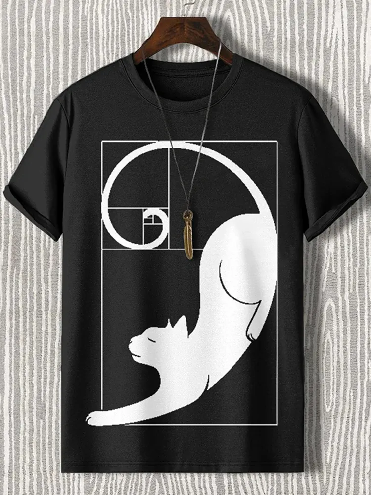 Men's Fibonacci Cat The Golden Ratio Print Casual T-shirt - Grey