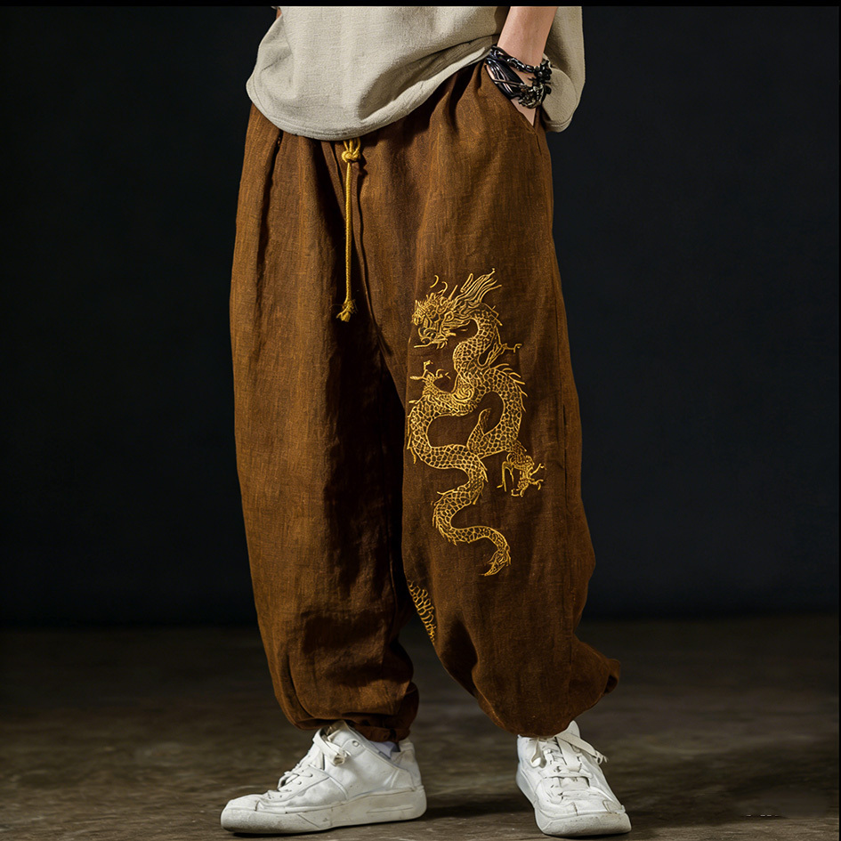 Men's Casual Cotton And Linen Wide-leg Pants With Dragon Patterns And Embroidered Floral Patterns - Black