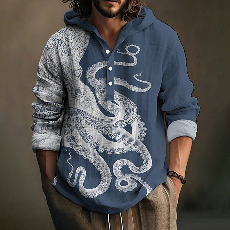 Japanese Art Octopus Graphic Printed Linen Blend Hoodie - Beige