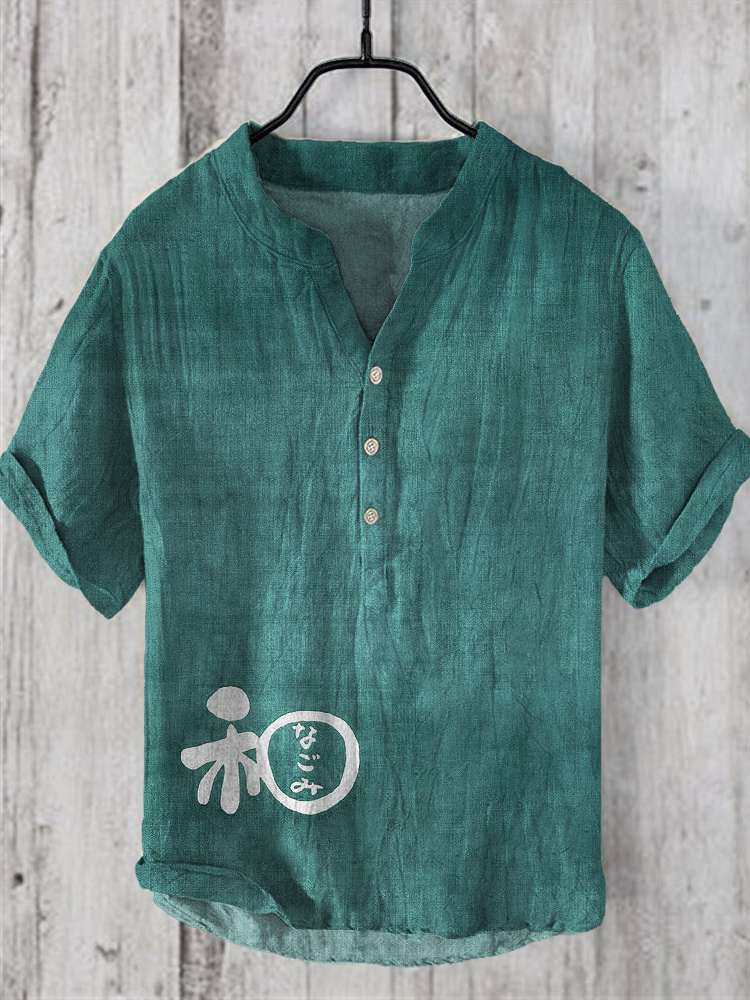Japanese Word Art Linen V-Neck Shirt - Red