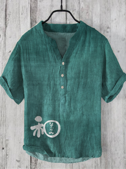 Japanese Word Art Linen V-Neck Shirt - Red
