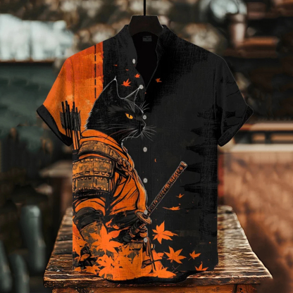 Men's Black Cat Warrior And Maple Leaf Temple Print Casual Shirt - Black