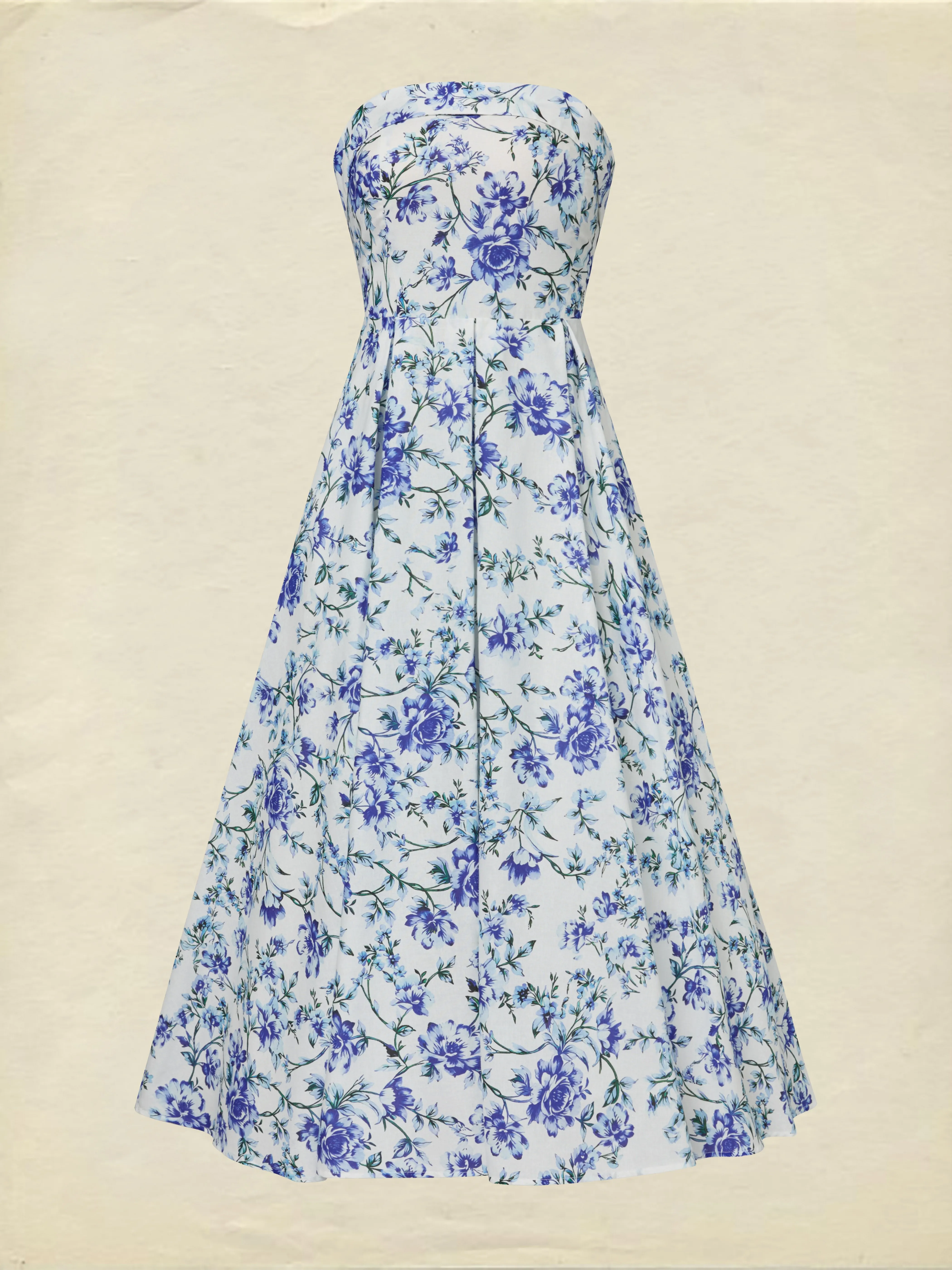 Maxi Cotton Dress, Sleeveless, Strapless, Floral, Vacation, Vintage, Blue - Blue