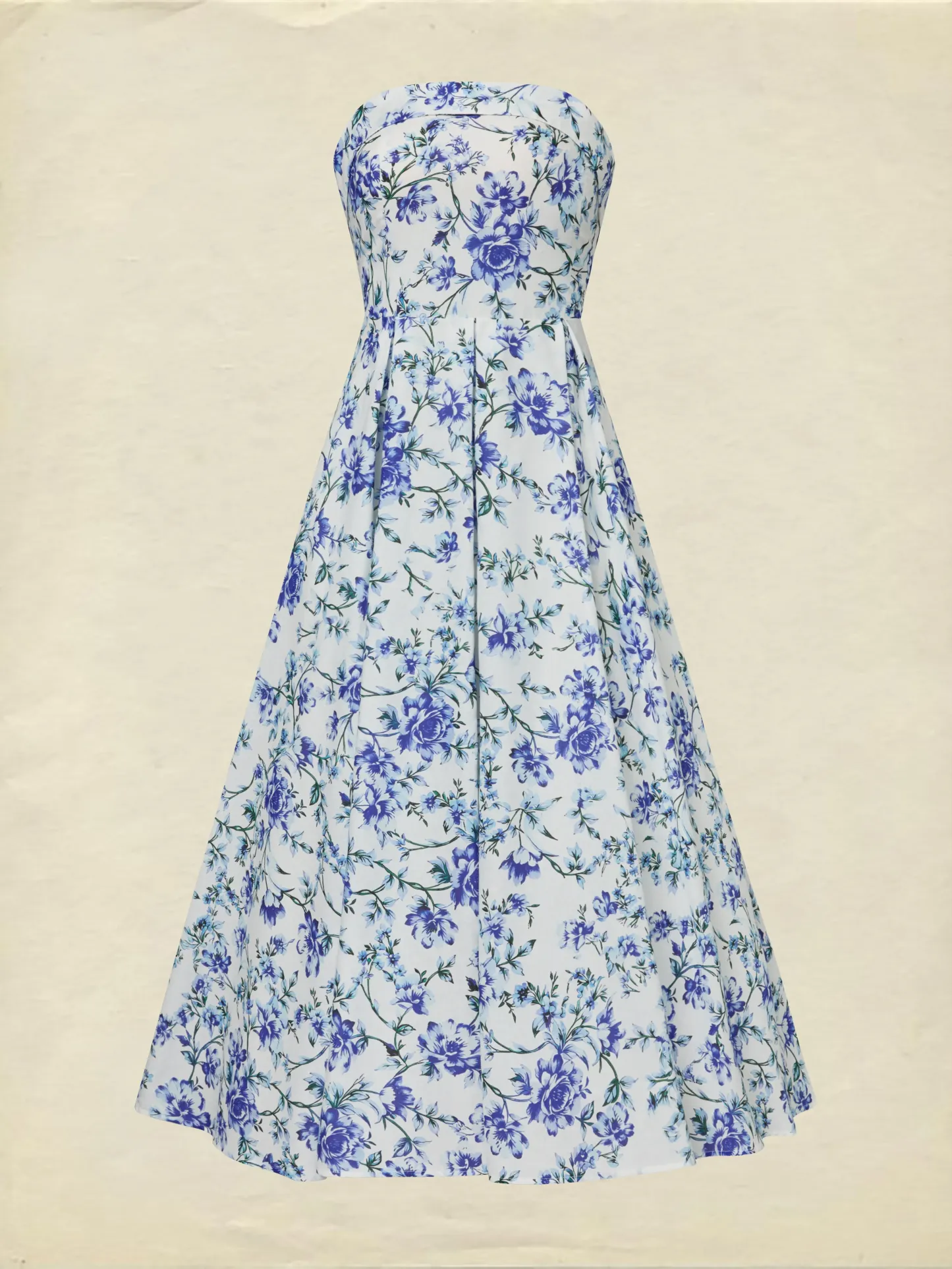 Maxi Cotton Dress, Sleeveless, Strapless, Floral, Vacation, Vintage, Blue - Blue