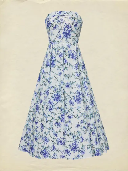 Maxi Cotton Dress, Sleeveless, Strapless, Floral, Vacation, Vintage, Blue - Blue
