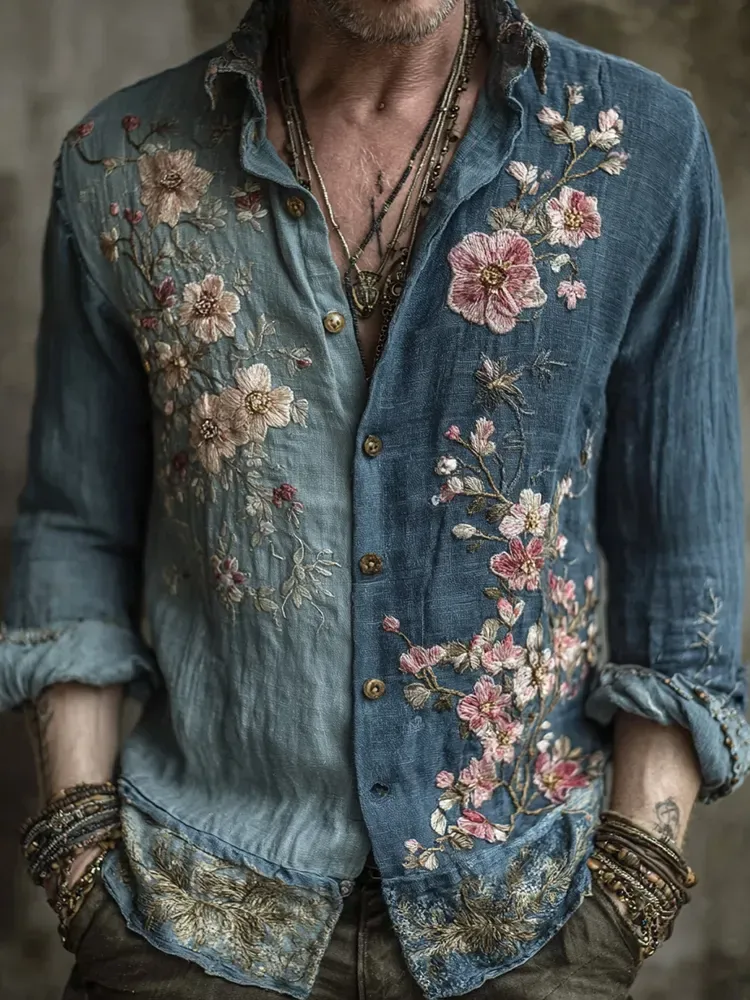 Men's Vintage Japanese Sakura Embroidered Art Long Sleeve Linen Shirt - Blue