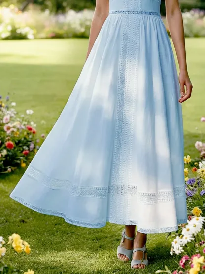 Maxi Cotton Dress, Short Sleeves, Plain, Lace, Vintage, White - Light Blue