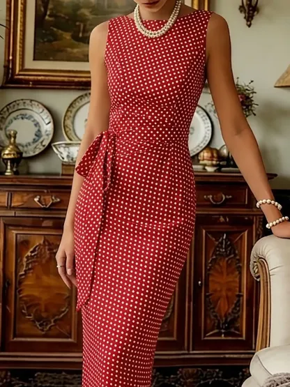 Midi Cotton Dress, Sleeveless, Round Neck, Polka Dots, Twist, French Vintage, Red - Red