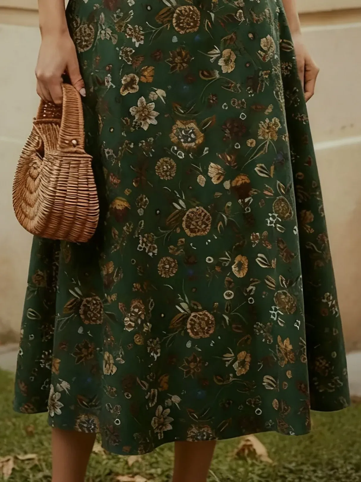 Midi Linen Skirt, loral, Pocket Design, Vintage, Green - Green
