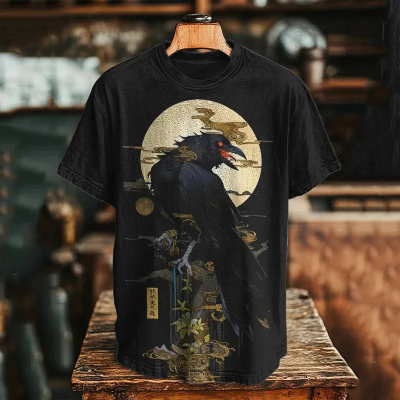 Men's Dark Crow Japanese Illustration Printed Casual T-shirt - Black