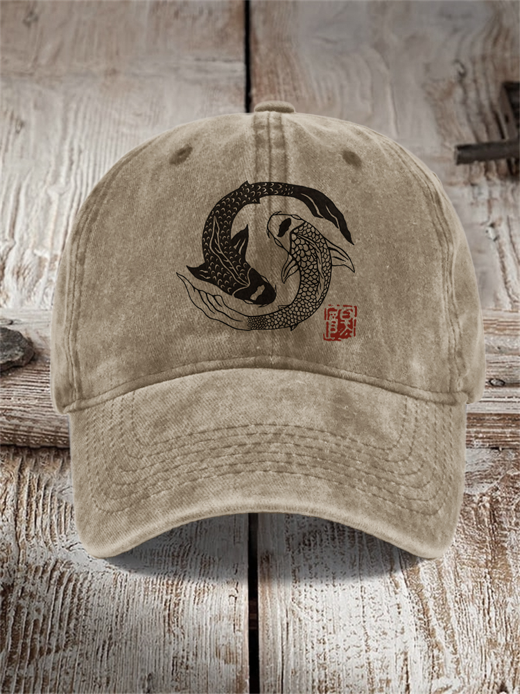 Carp Fish Contrast Japanese Lino Art Washed Cap - Khaki