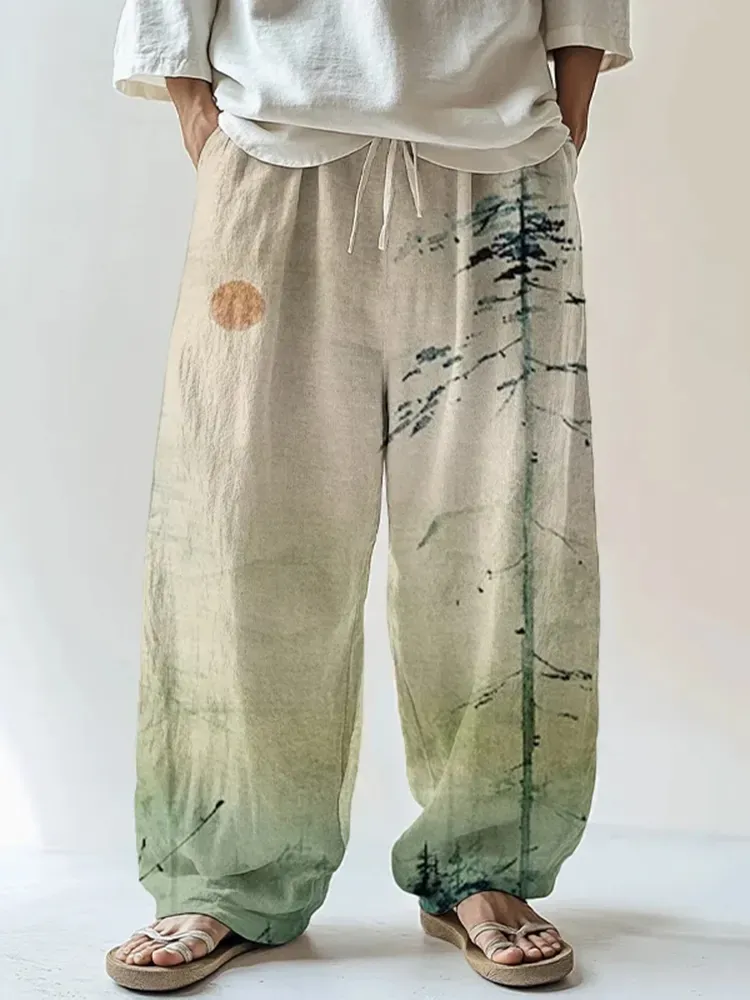 Men's Japanese Mountain Sunrise Painting Print Casual Pants - Beige