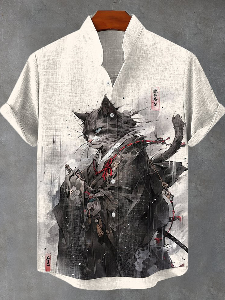 Japan Cat Kimono Samurai Ink Art Linen Blend Cozy Shirt - Beige