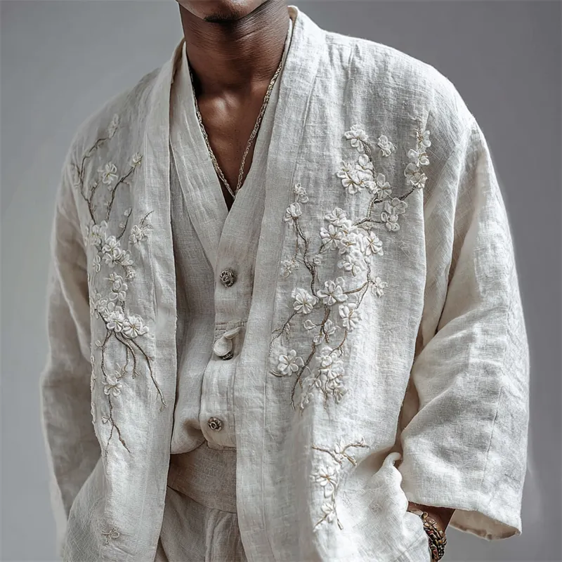 Men's Almond Blossom Fiber Art Linen Kimono Cardigan - White