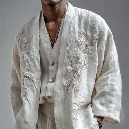 Men's Almond Blossom Fiber Art Linen Kimono Cardigan - White