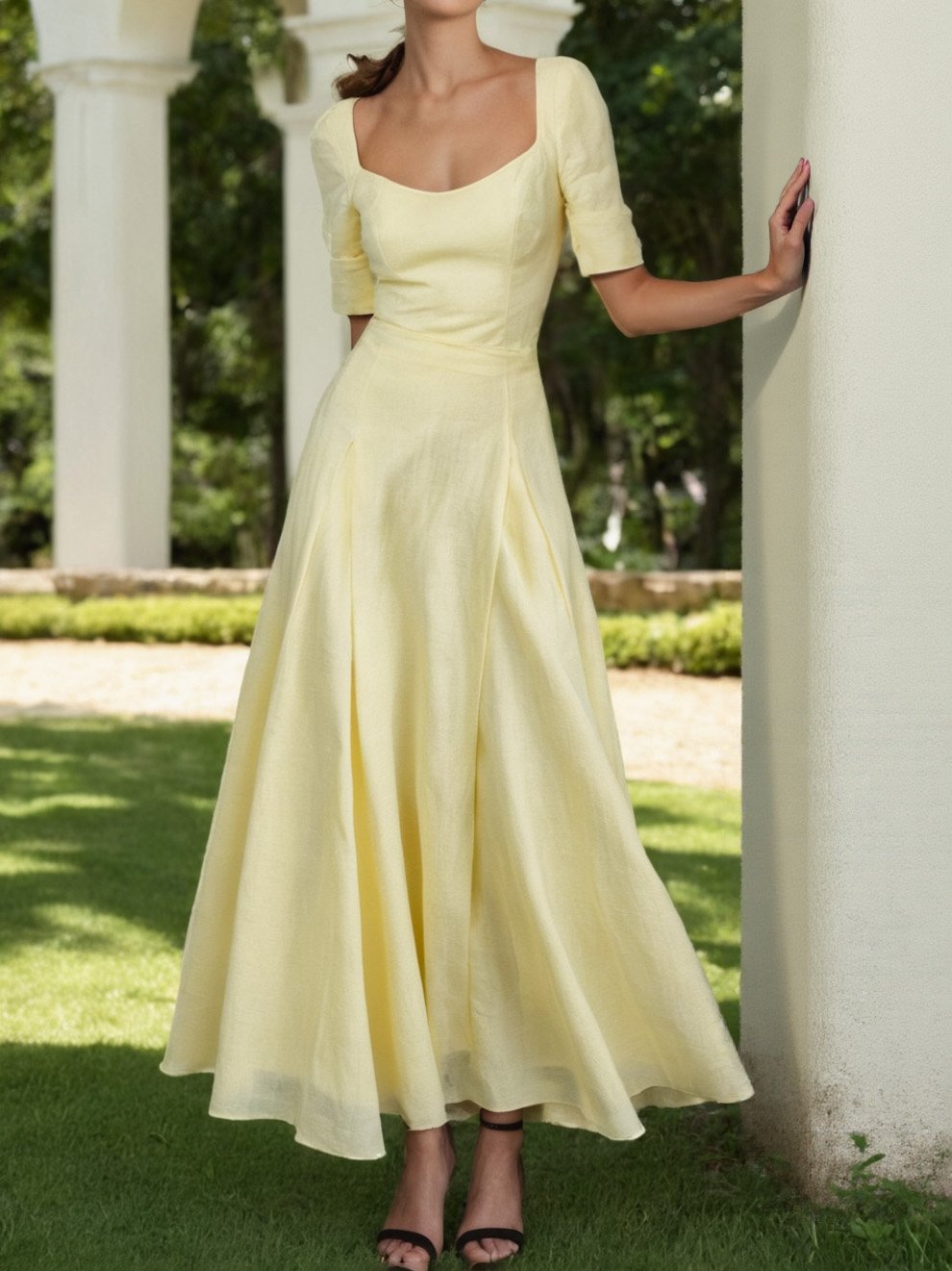 Maxi Linen Dress , Short Sleeves, Square Neck, Plain, Vacation, French Vintage, Light Yellow - Light Yellow