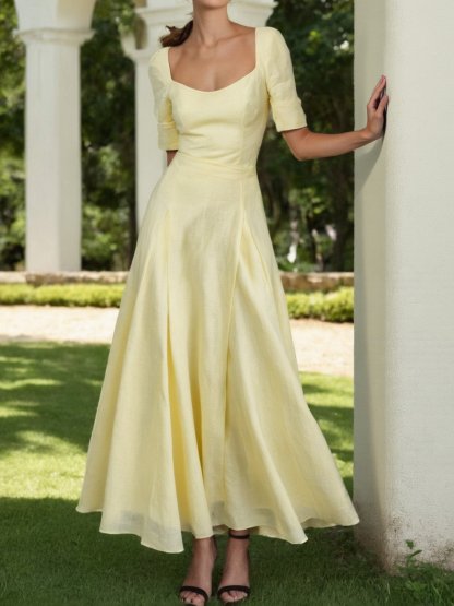 Maxi Linen Dress , Short Sleeves, Square Neck, Plain, Vacation, French Vintage, Light Yellow - Light Yellow