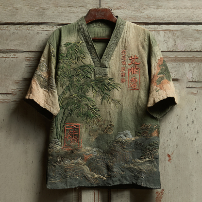 Japanese Bamboo Art Embroidered Linen Shirt - Green