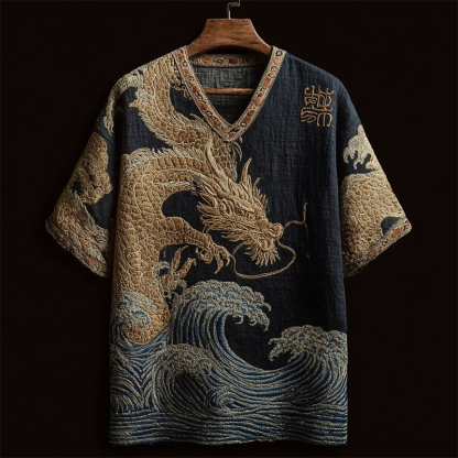 Japanese Golden Dragon & Sea Waves Embroidered Linen Shirt - Black