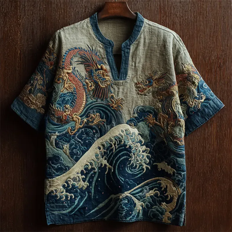 Sea Waves & Dragons Japanese Embroidered Linen Shirt - Black
