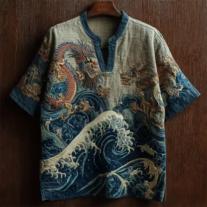 Sea Waves & Dragons Japanese Embroidered Linen Shirt - Black
