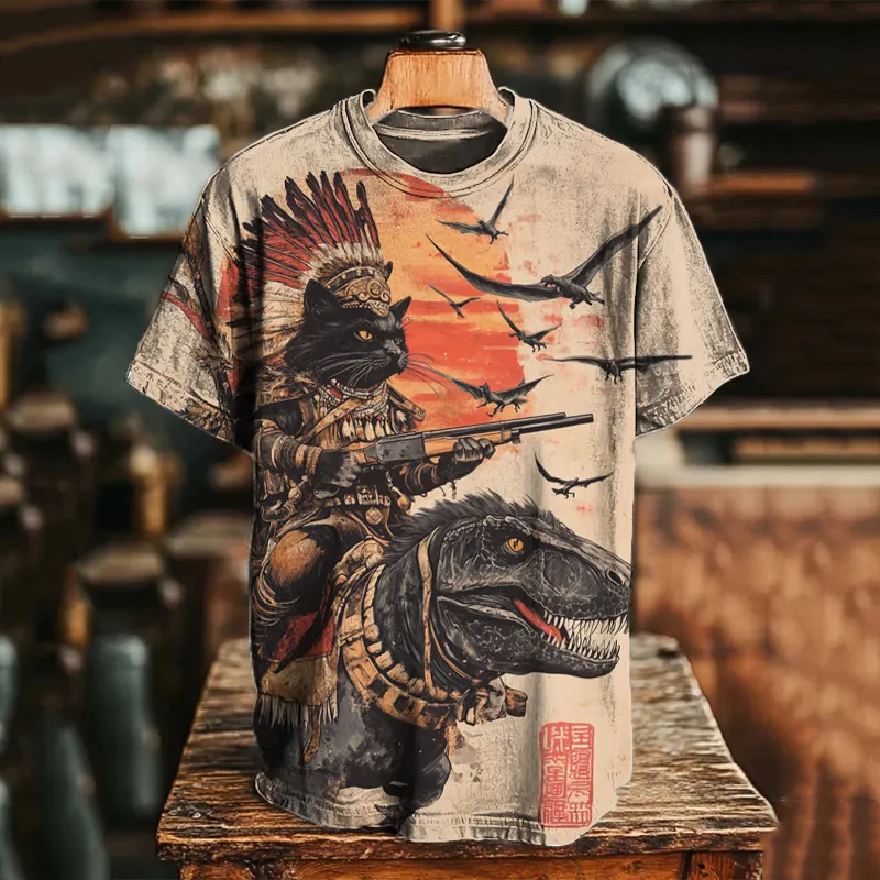 Men's Tribe Cat Dinosaur Japanese Art Print T-shirt - Beige