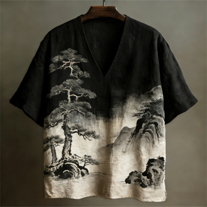 Japanese Ink Landscape Art Linen V-neck Shirt - Black