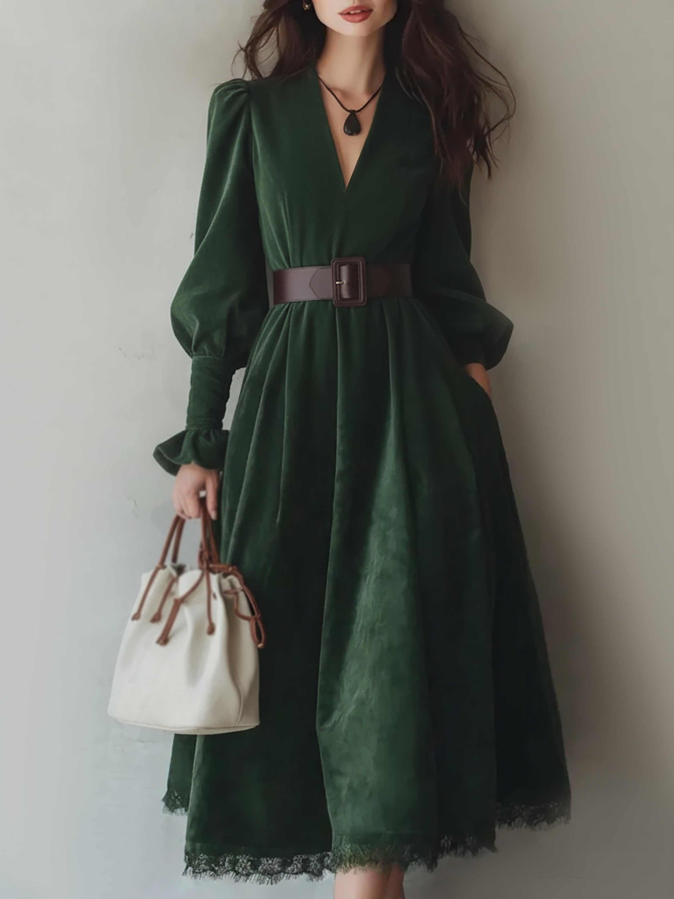 Midi Cotton Dress, Long Sleeves, V Neck, Plain, Lace, Vintage, Green - Green