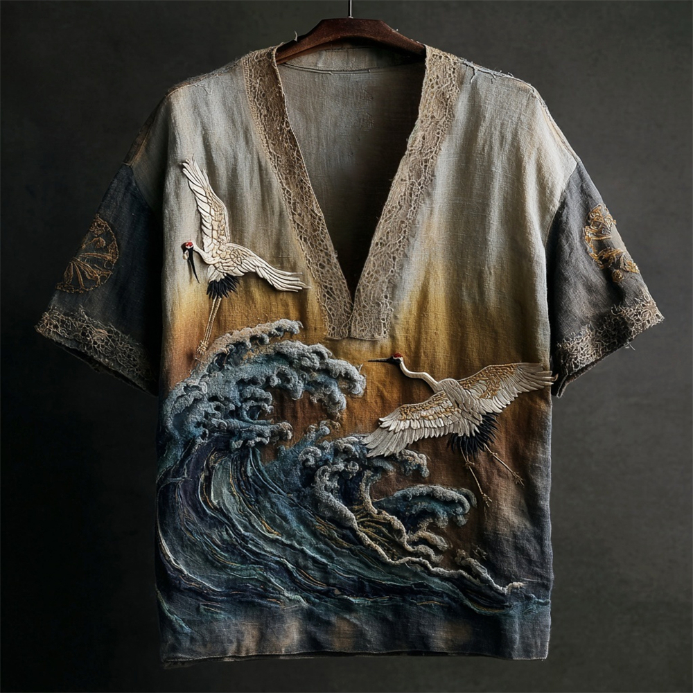 Japanese Embossed Crane Vintage Art Men's Linen V-neck Shirt - Beige