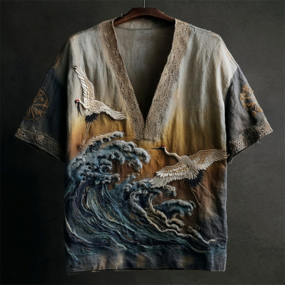 Japanese Embossed Crane Vintage Art Men's Linen V-neck Shirt - Beige