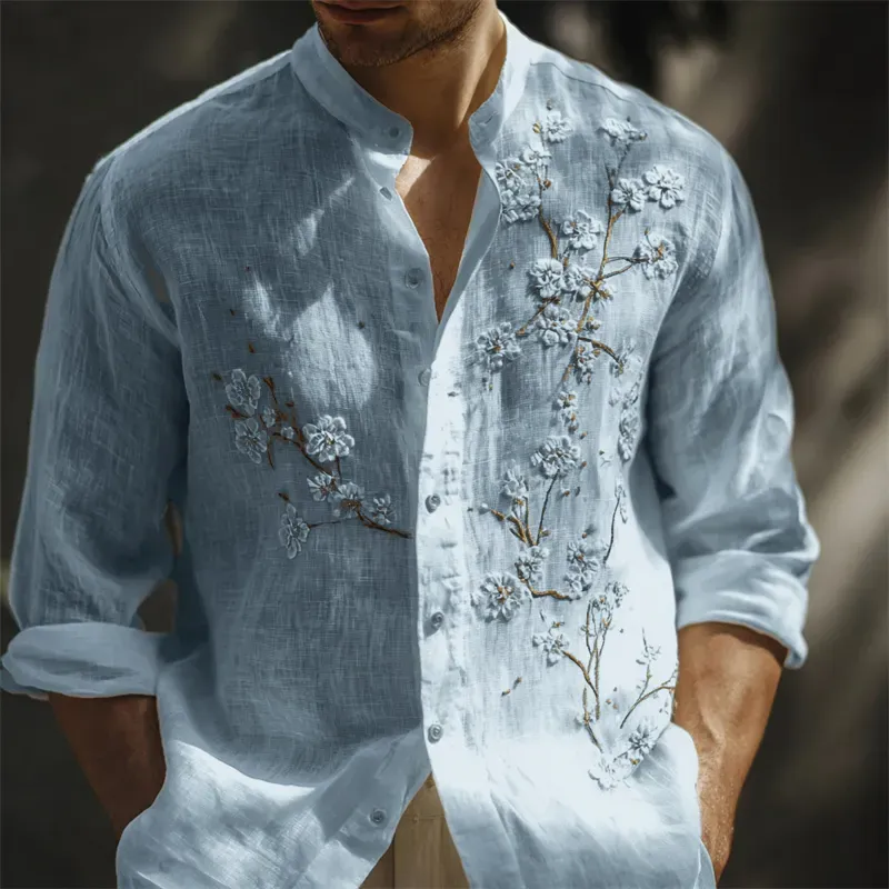 Men's Classy White Almond Blossom Embroidered Linen Shirt - White