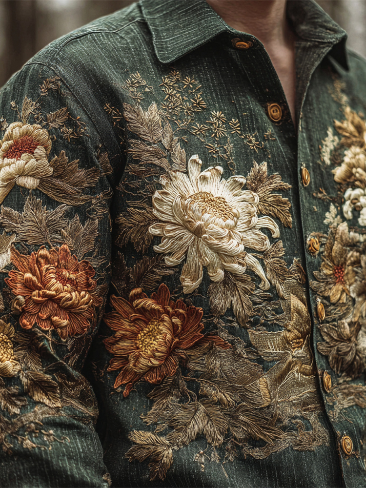 Vintage Japanese Chrysanthemum Embroidery Art Men's Linen Long Sleeve Shirt - Dark green