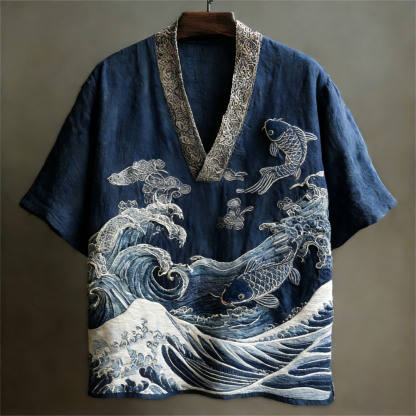 Japanese Ocean Art Linen V-neck Shirt - Navy blue