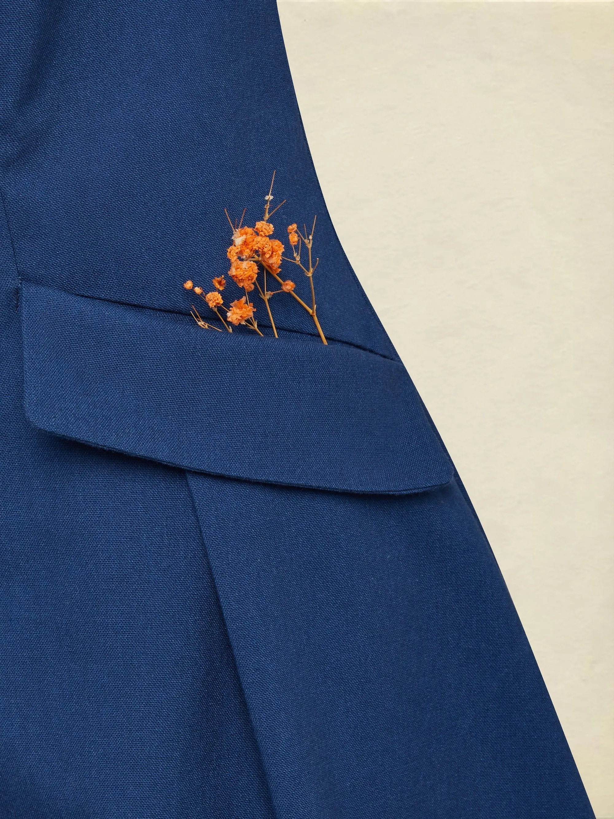 Midi Linen Dress, Half Sleeve, Shawl Collar, Plain, Button Design, Vintage, Dark Blue - Dark_blue
