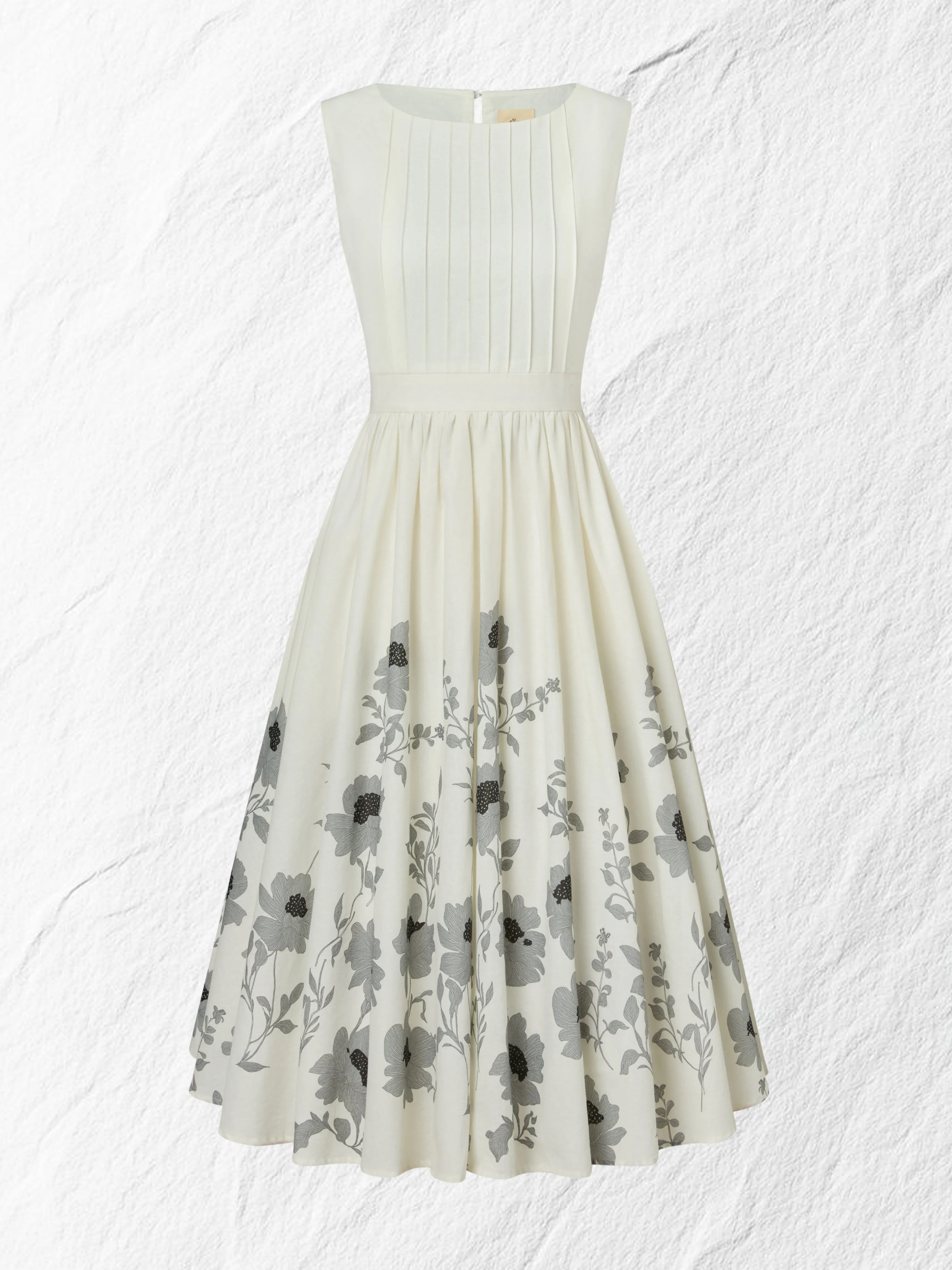 Midi Linen Dress , Sleeveless, Round Neck, Floral, Vacation, Vintage, White - White