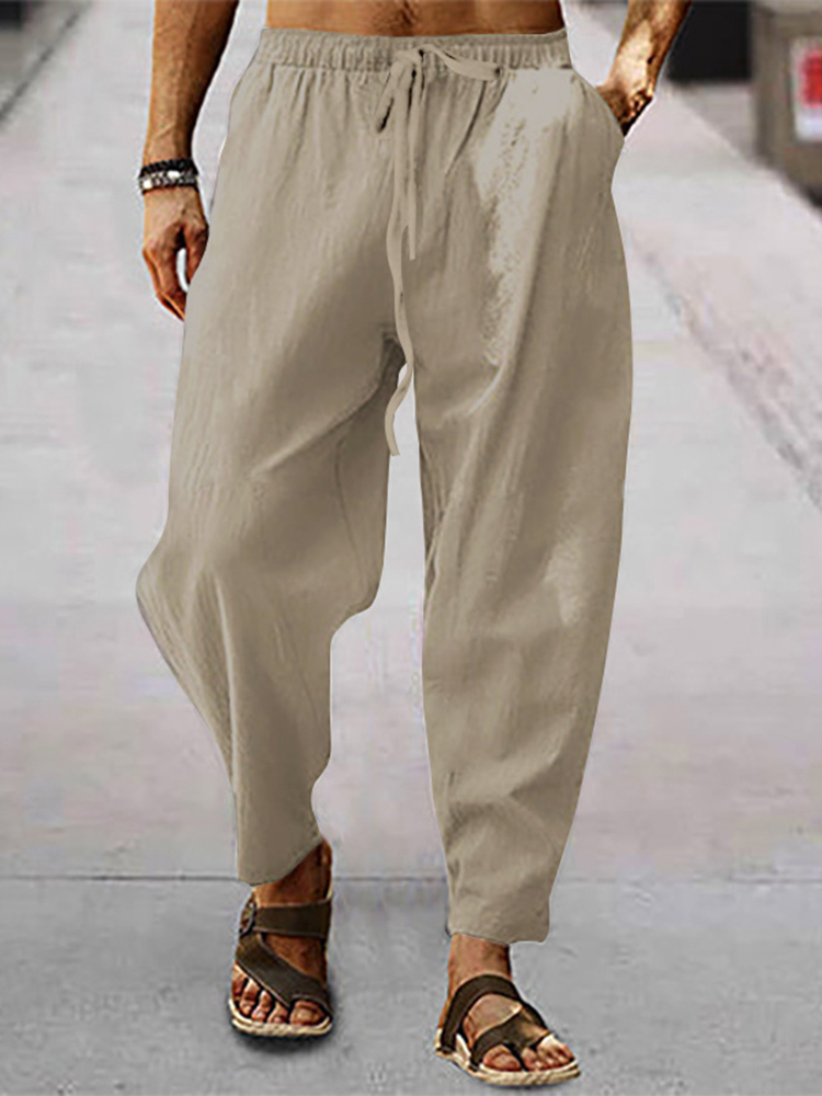 Men's Vintage Drawstring Casual Cotton Linen Pants - Black