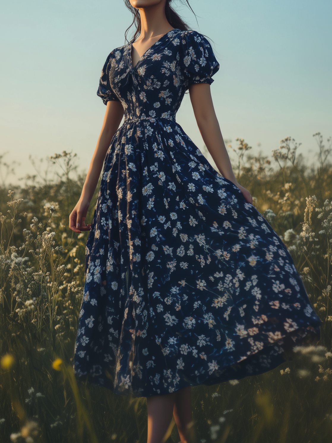Linen Maxi Dress, V neck,  Floral, Daily, Short Sleeve, Blue - Dark Blue