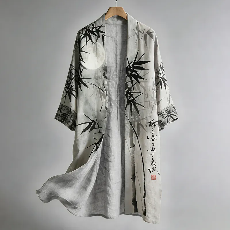 Men's Retro Bamboo Art Linen Long Kimono - Grey