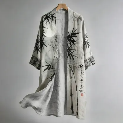 Men's Retro Bamboo Art Linen Long Kimono - Grey