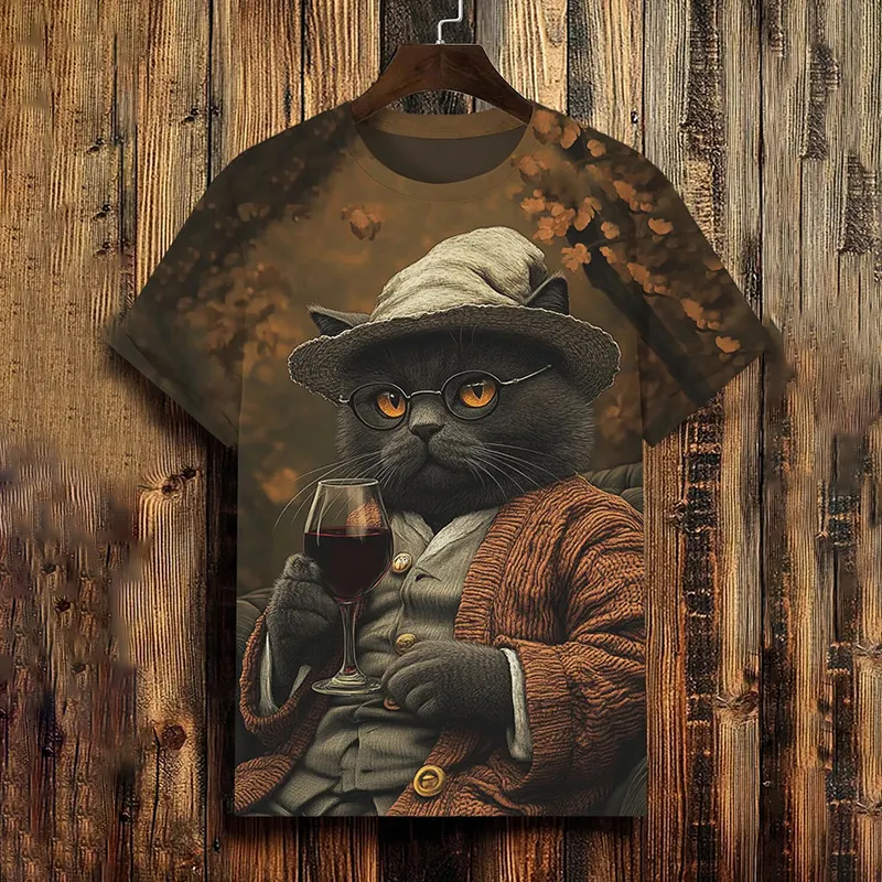 Men's Cat Drinking Red Wine Art Print T-shirt - Brown