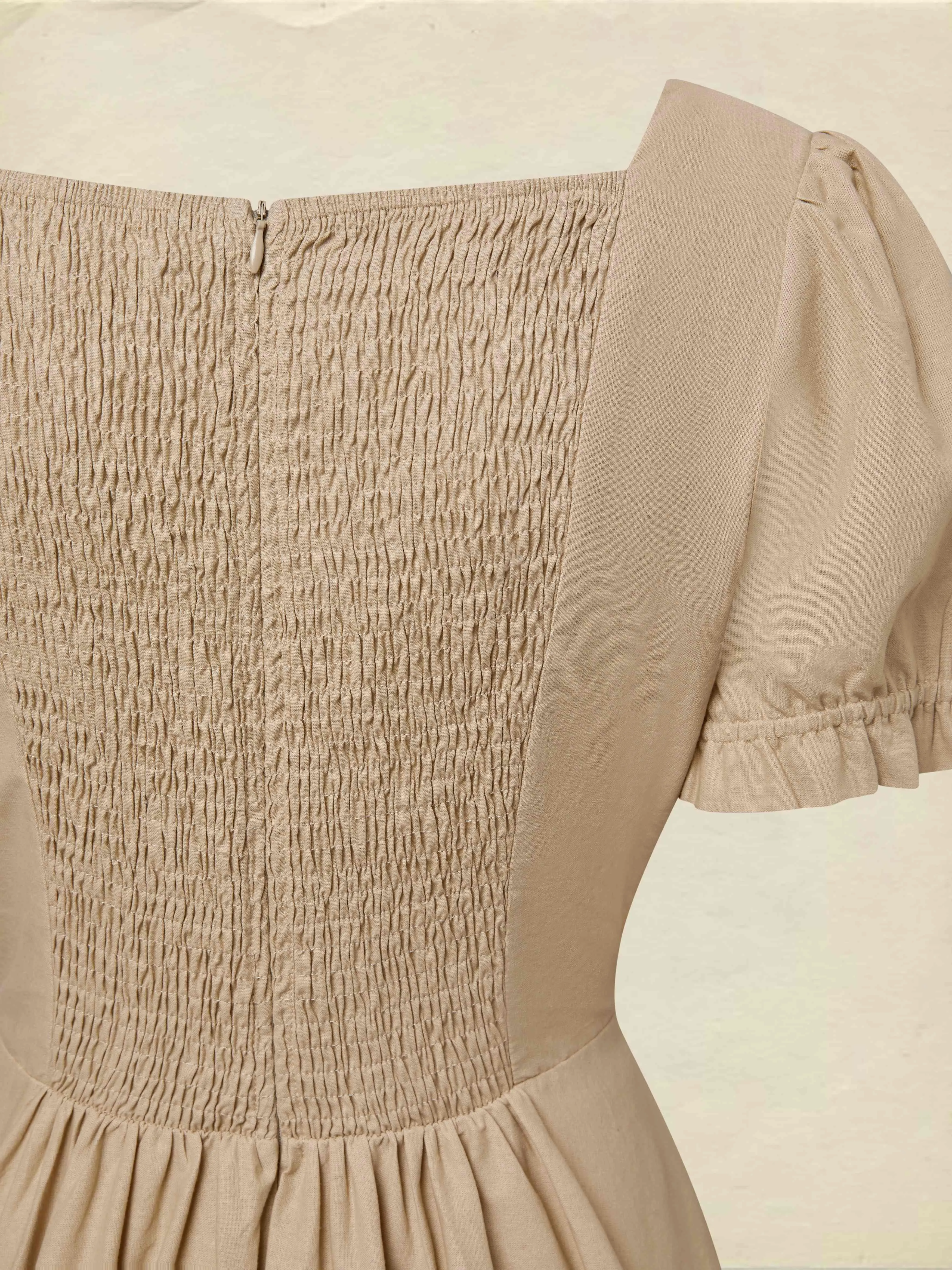 Maxi Cotton Dress, Short Sleeves, V Neck, Plain, Lace, French Vintage, Brown - Brown