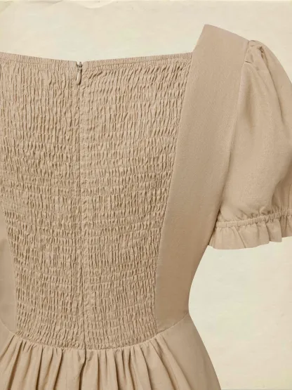 Maxi Cotton Dress, Short Sleeves, V Neck, Plain, Lace, French Vintage, Brown - Brown