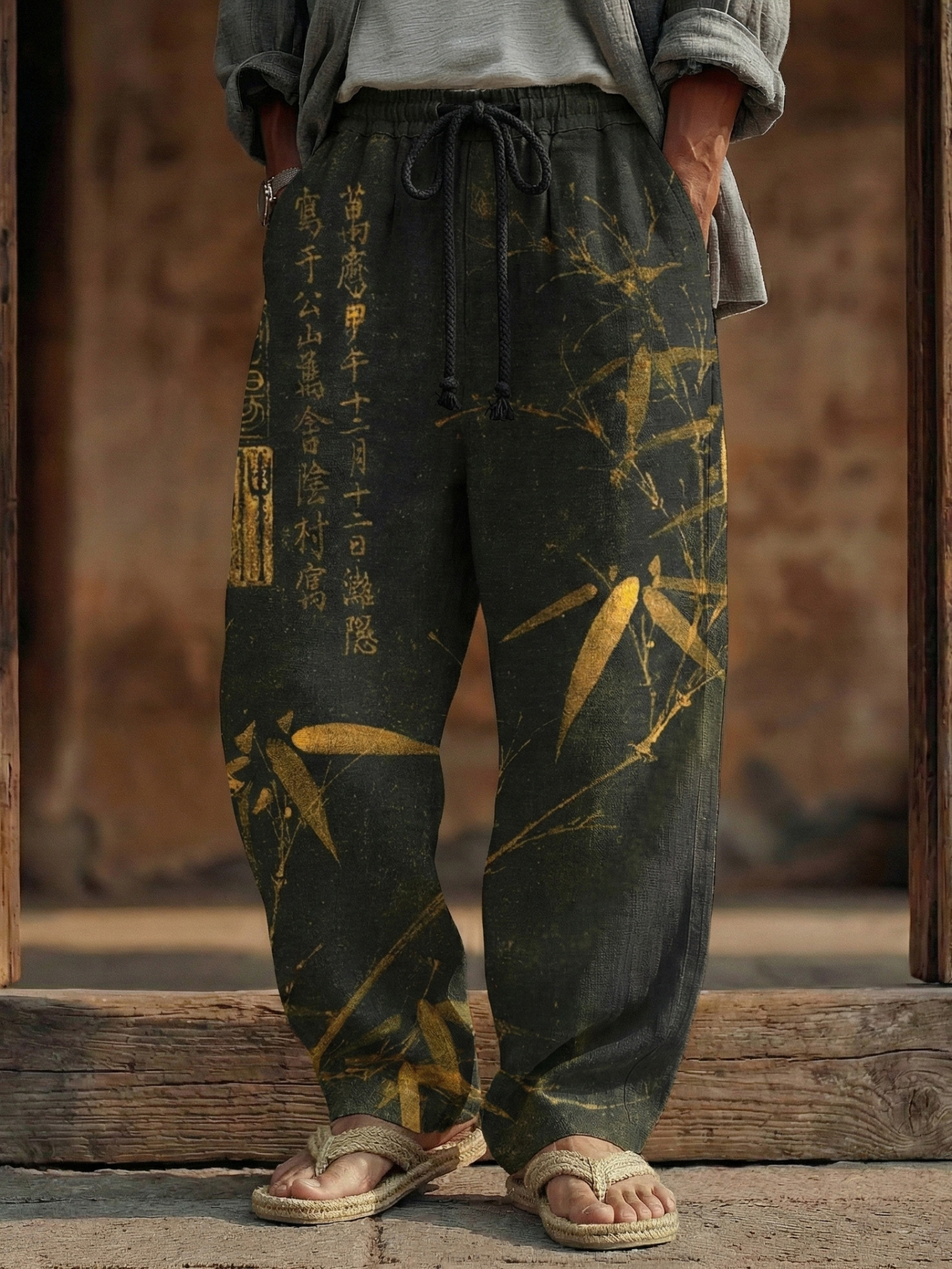 Men's Vintage Bamboo Calligraphy Art Print Linen Blend Pants - Black
